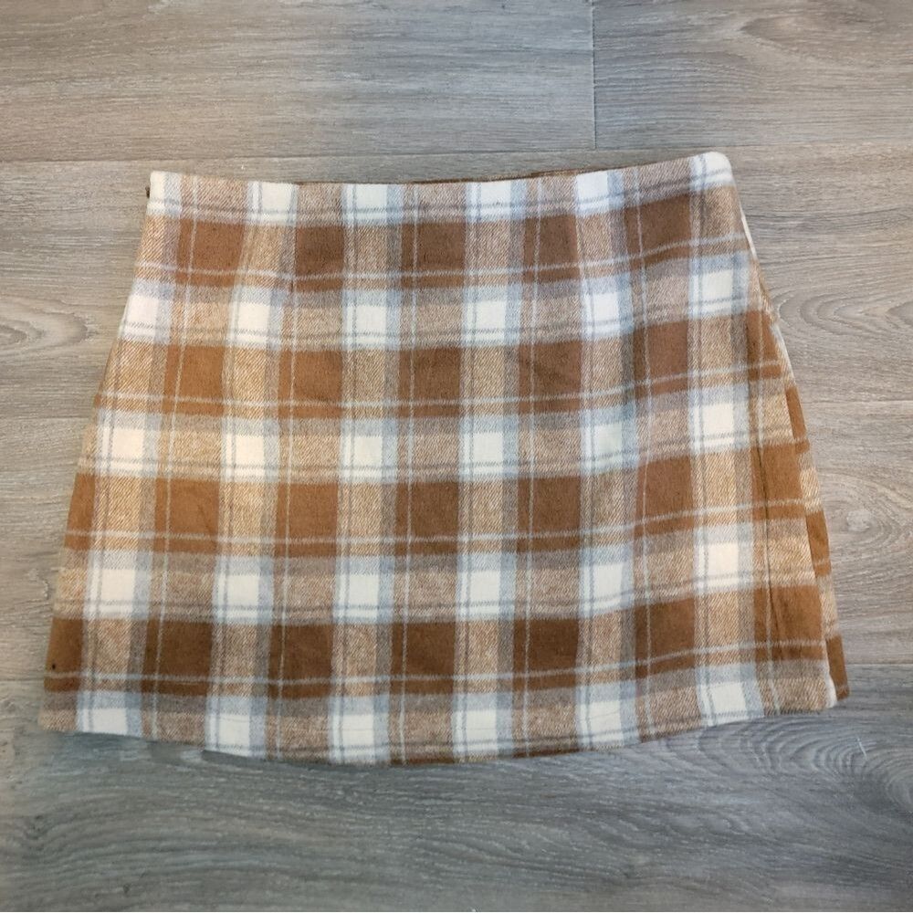 Lulus Mad for Plaid Brown and Blue Plaid Faux Wrap Mini Skirt Xlarge - Picture 4 of 6